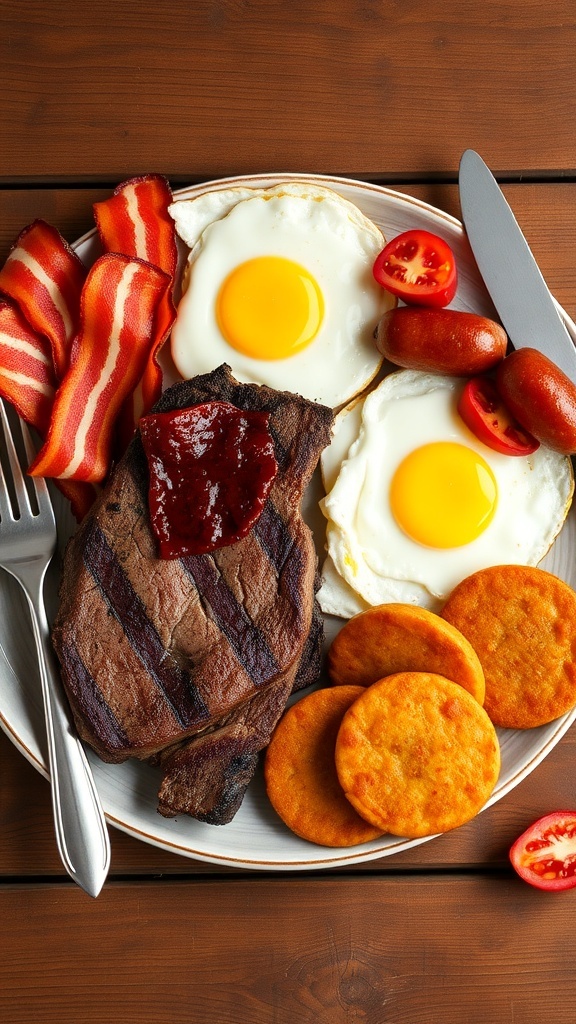 A protein-rich carnivore breakfast with bacon, eggs, steak, and sausage on a wooden table.